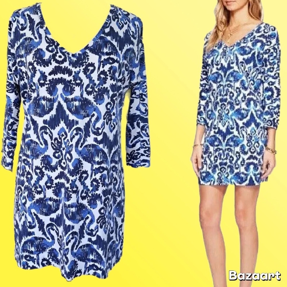 Lilly Pulitzer Cori Mini Dress Resort Navy Beach Bathers Blue 3/4 Sleeve XL